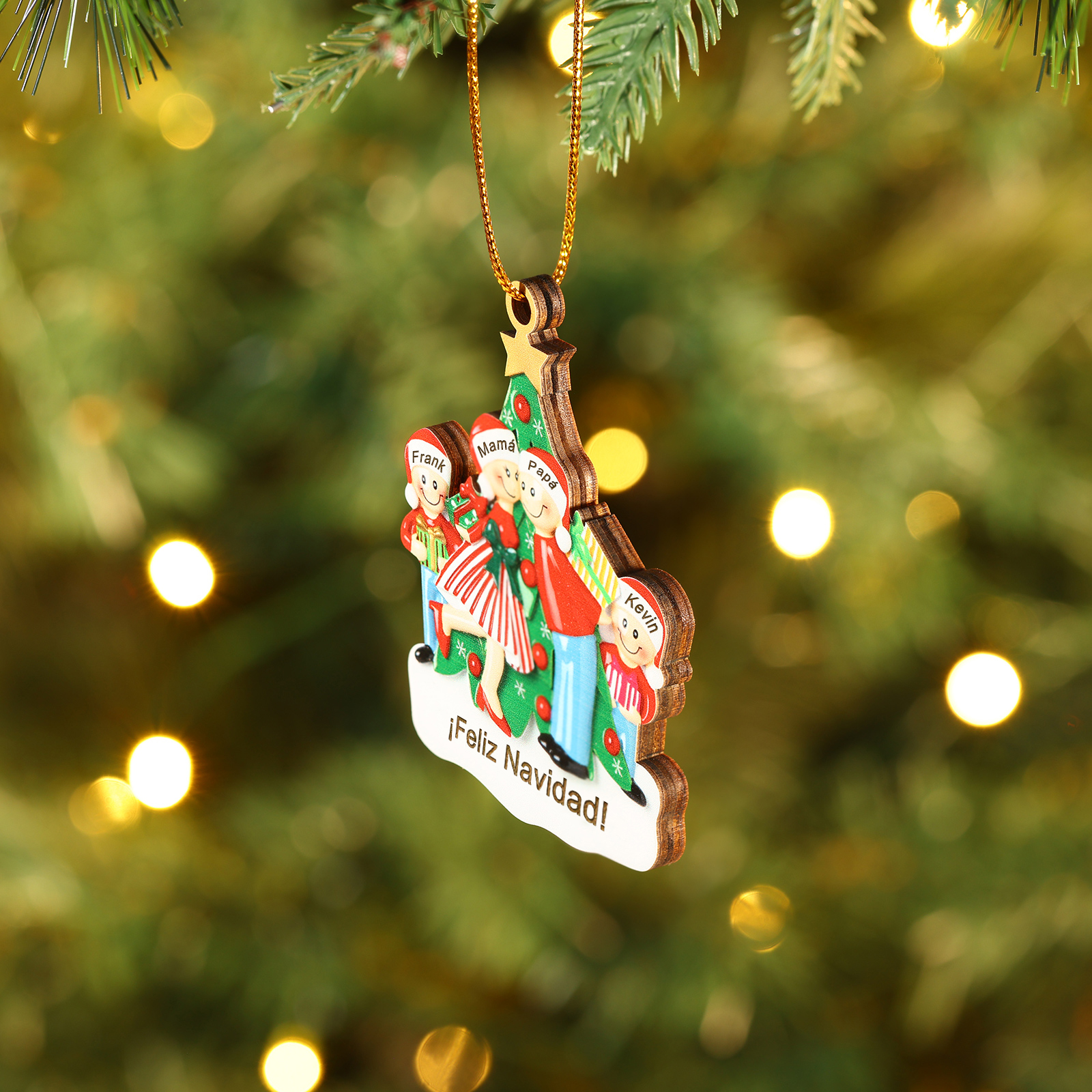 Navidad-Ornamento con muñecos de madera familia con árbol 4 nombres y texto personalizados | Jessemade