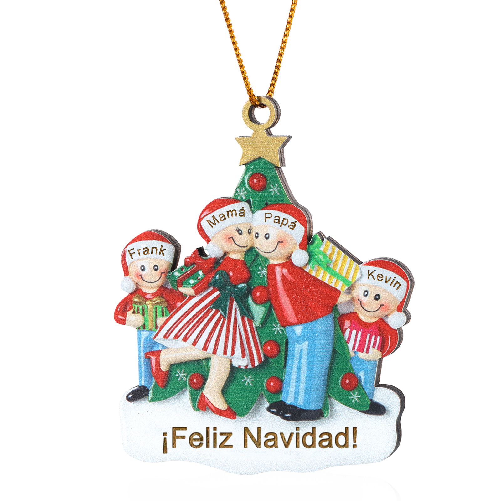 Navidad-Ornamento con muñecos de madera familia con árbol 4 nombres y texto personalizados | Jessemade