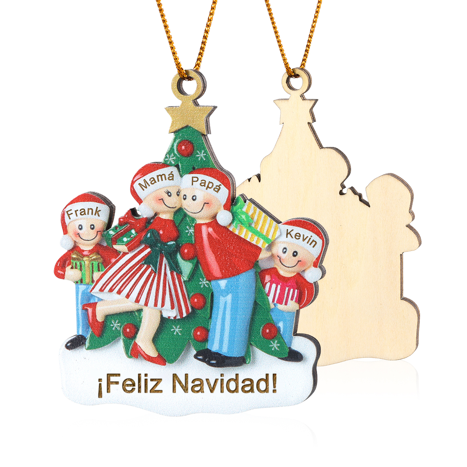 Navidad-Ornamento con muñecos de madera familia con árbol 4 nombres y texto personalizados | Jessemade