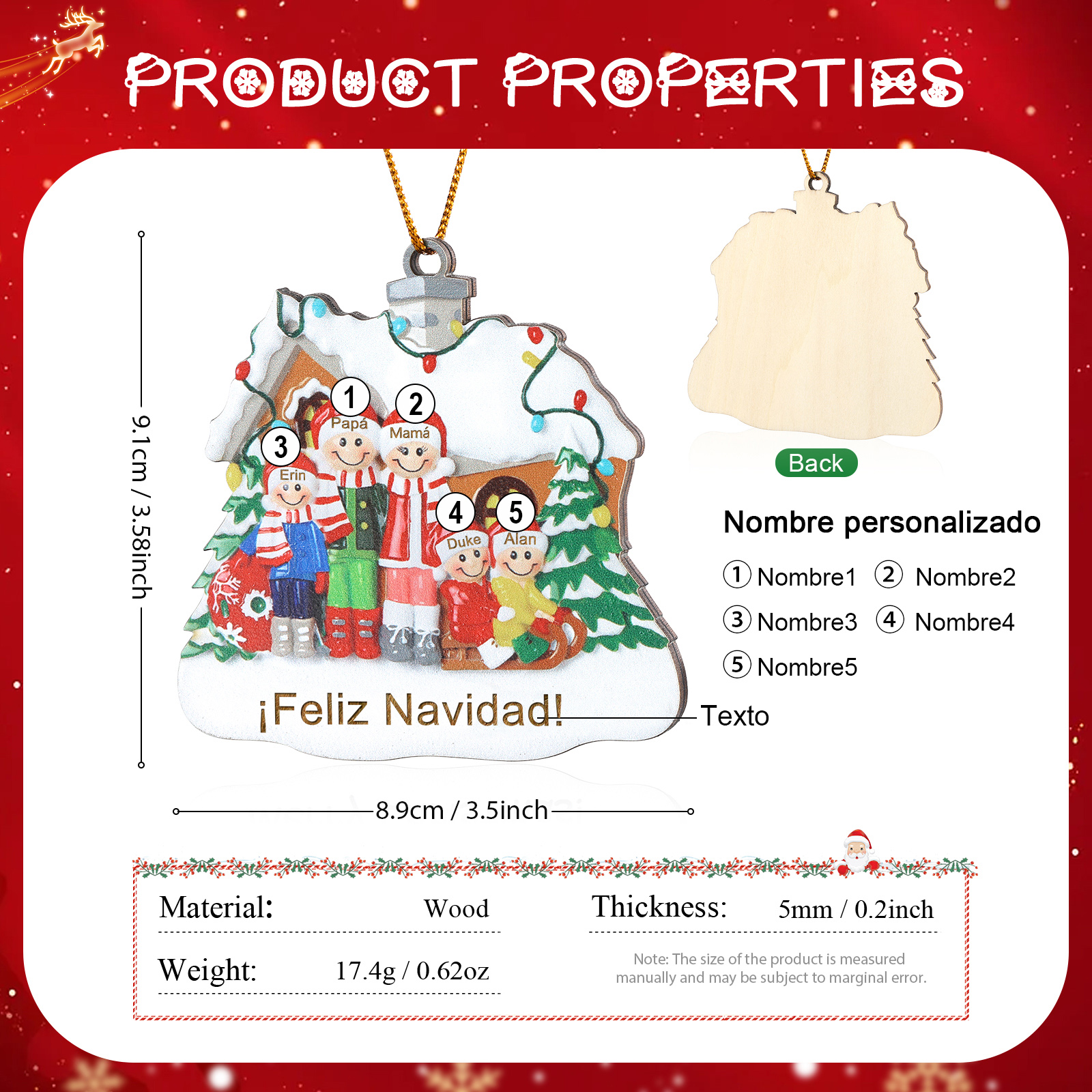 Navidad-Ornamento con muñecos de madera familia con árbol 5 nombres y texto personalizados | Jessemade