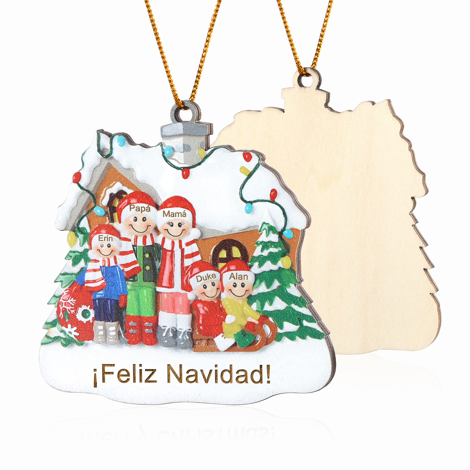 Navidad-Ornamento con muñecos de madera familia con árbol 5 nombres y texto personalizados | Jessemade