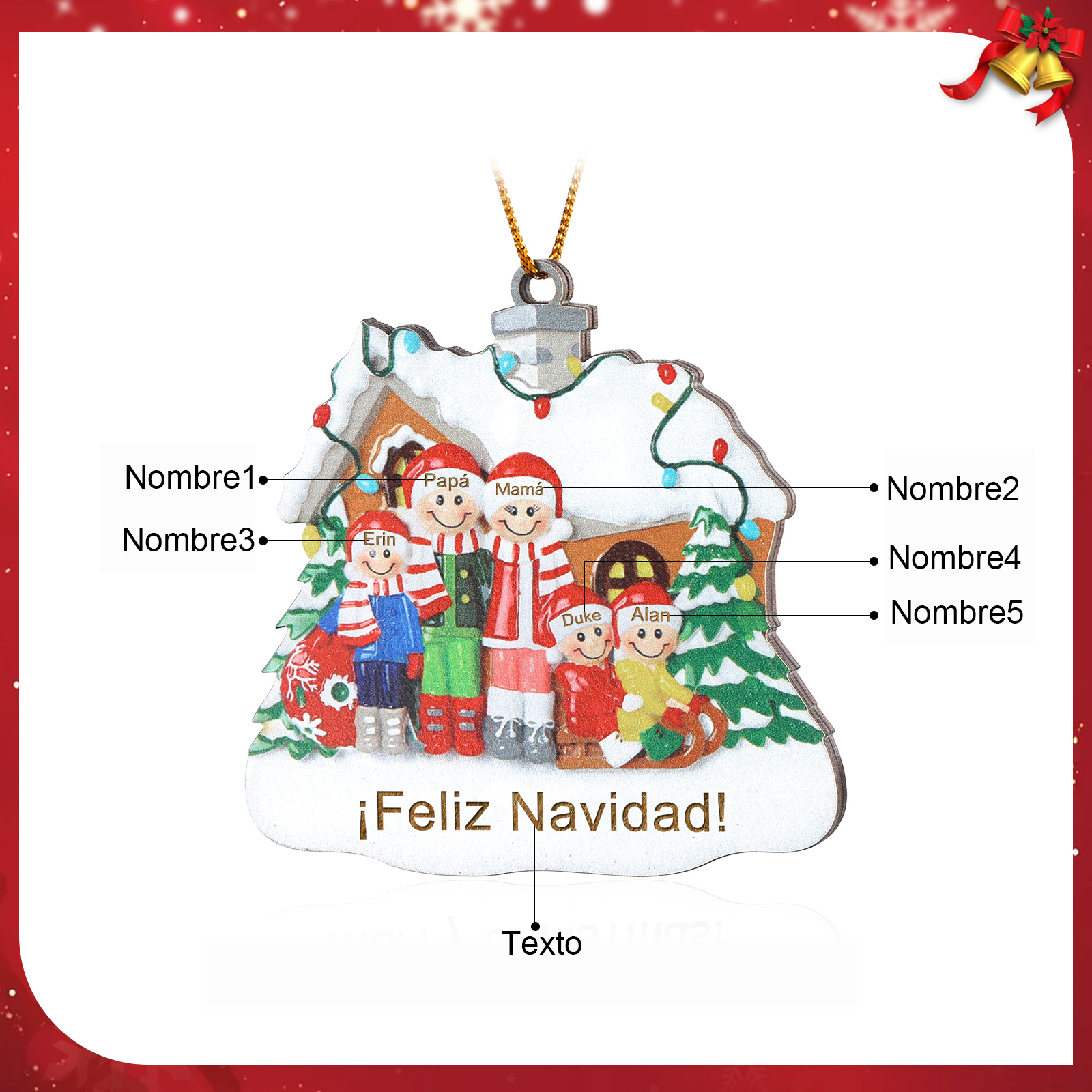 Navidad-Ornamento con muñecos de madera familia con árbol 5 nombres y texto personalizados | Jessemade