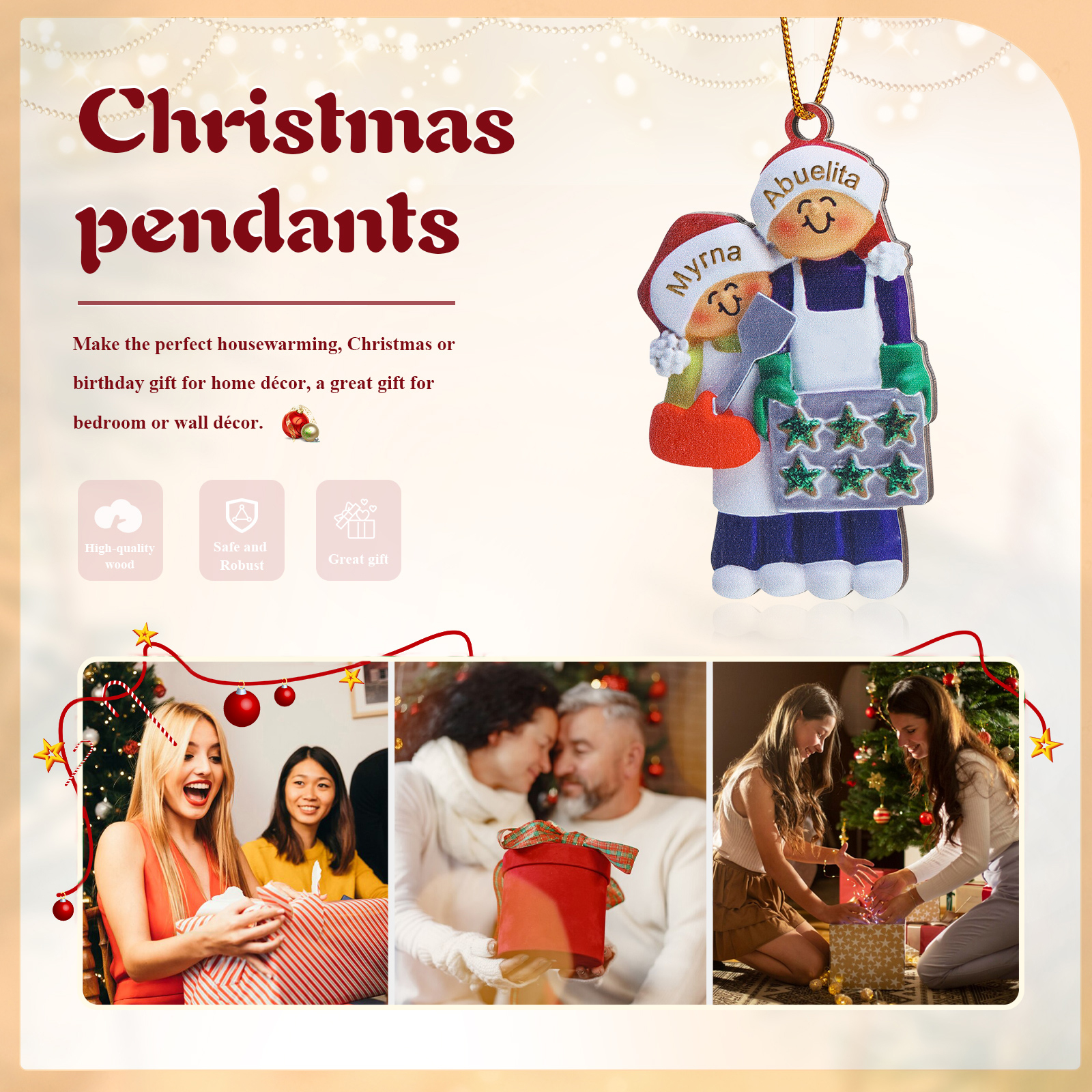 Navidad-Ornamento con muñecos de madera mamá/yaya y niños 2 nombres personalizados | Jessemade