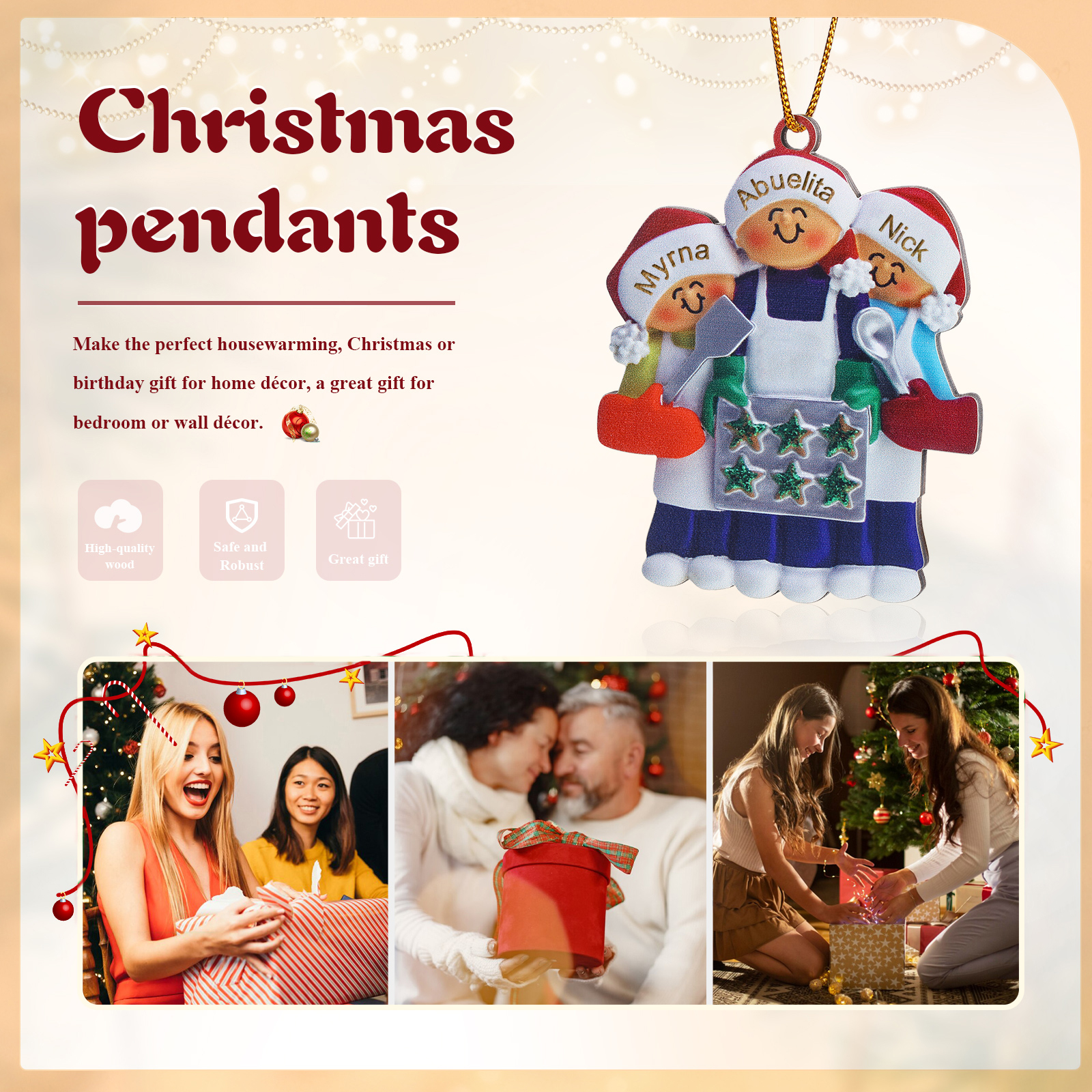 Navidad-Ornamento con muñecos de madera mamá/yaya y niños 3 nombres personalizados | Jessemade