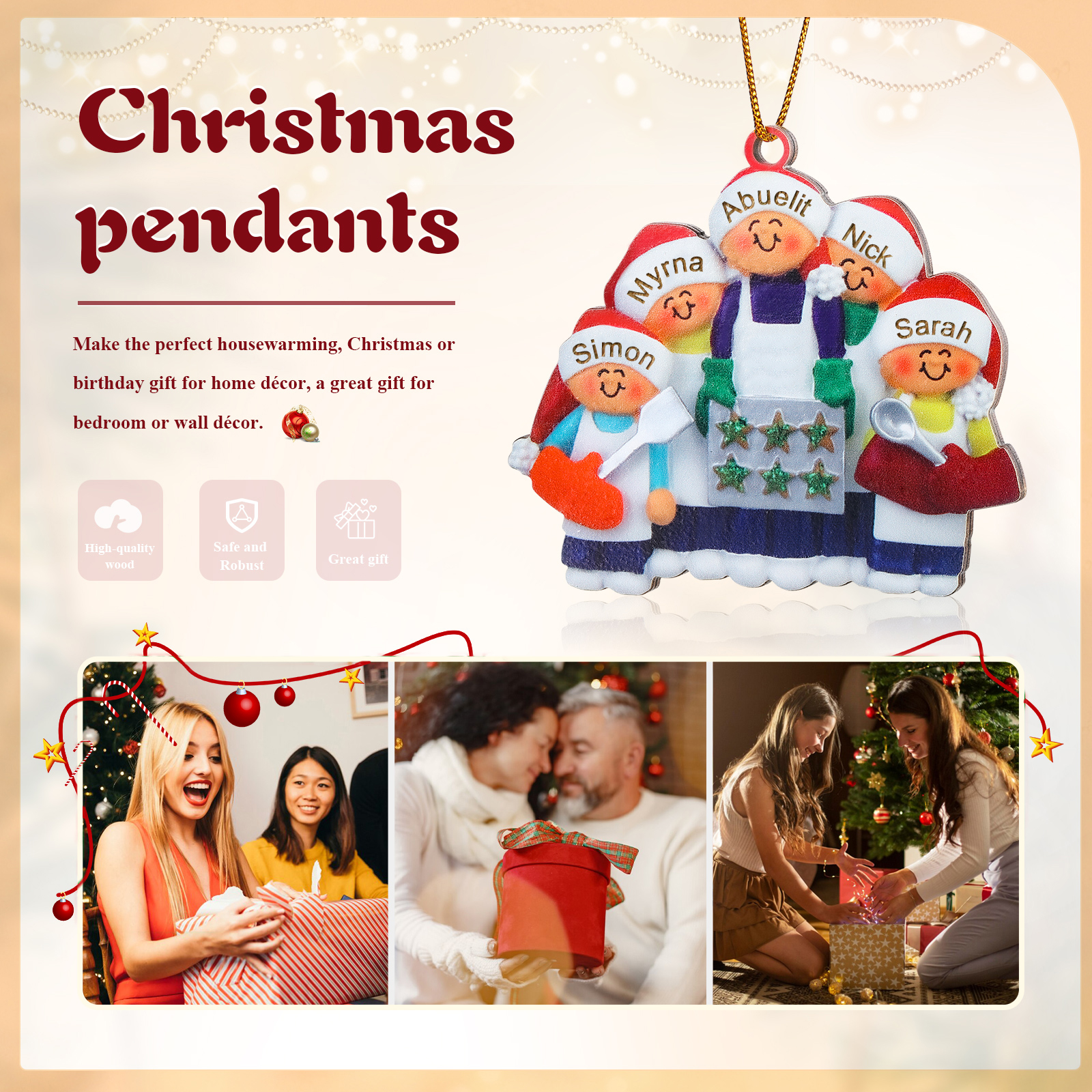 Navidad-Ornamento con muñecos de madera mamá/yaya y niños 5 nombres personalizados | Jessemade