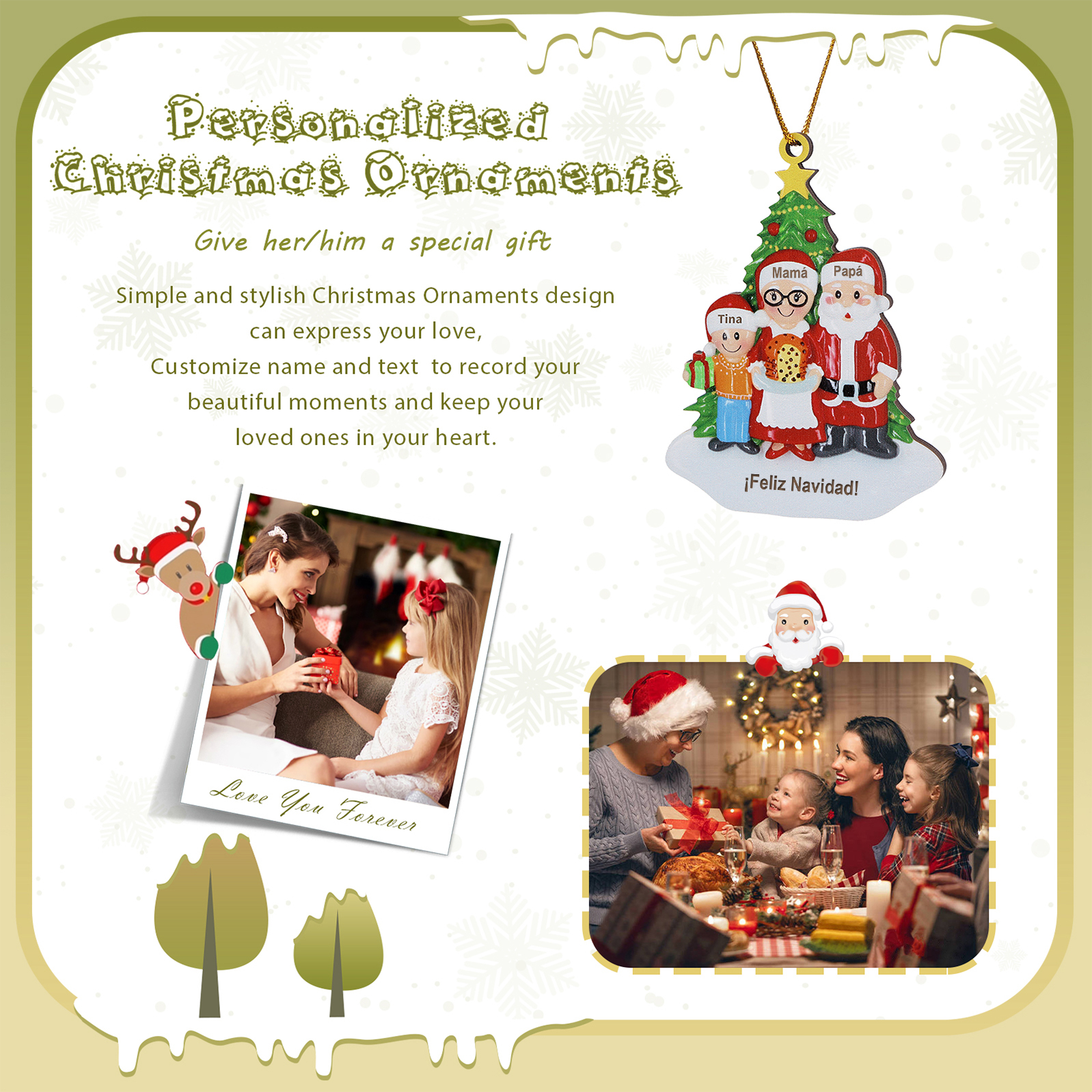 Navidad-Ornamento de madera muñecos de papá y mamá Noel 3 nombres y 1 texto personalizados | Jessemade