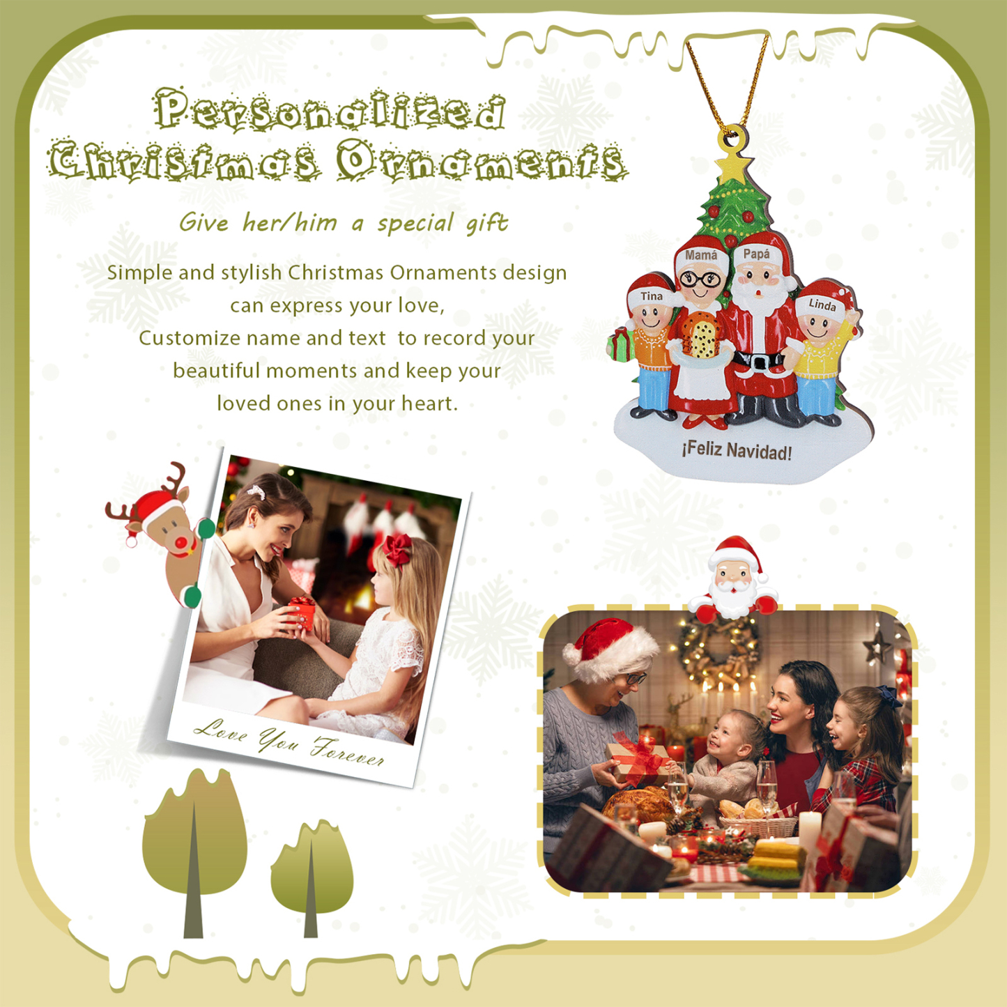 Navidad-Ornamento de madera muñecos de papá y mamá Noel 4 nombres y 1 texto personalizados | Jessemade