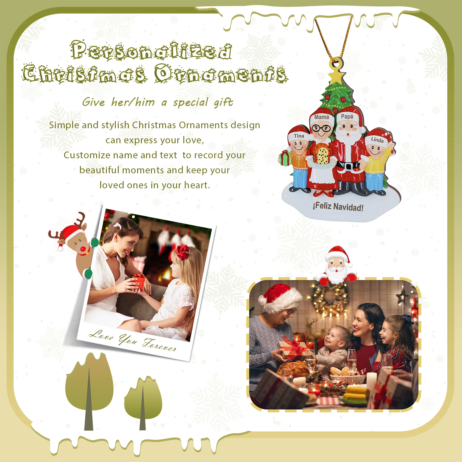 Navidad-Ornamento de madera muñecos de papá y mamá Noel 4 nombres y 1 texto personalizados | Jessemade