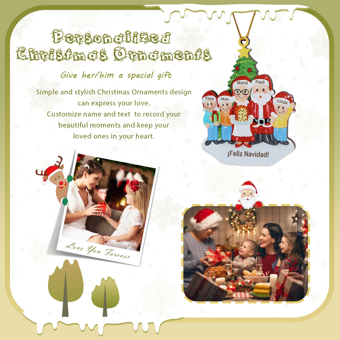 Navidad-Ornamento de madera muñecos de papá y mamá Noel 5 nombres y 1 texto personalizados | Jessemade