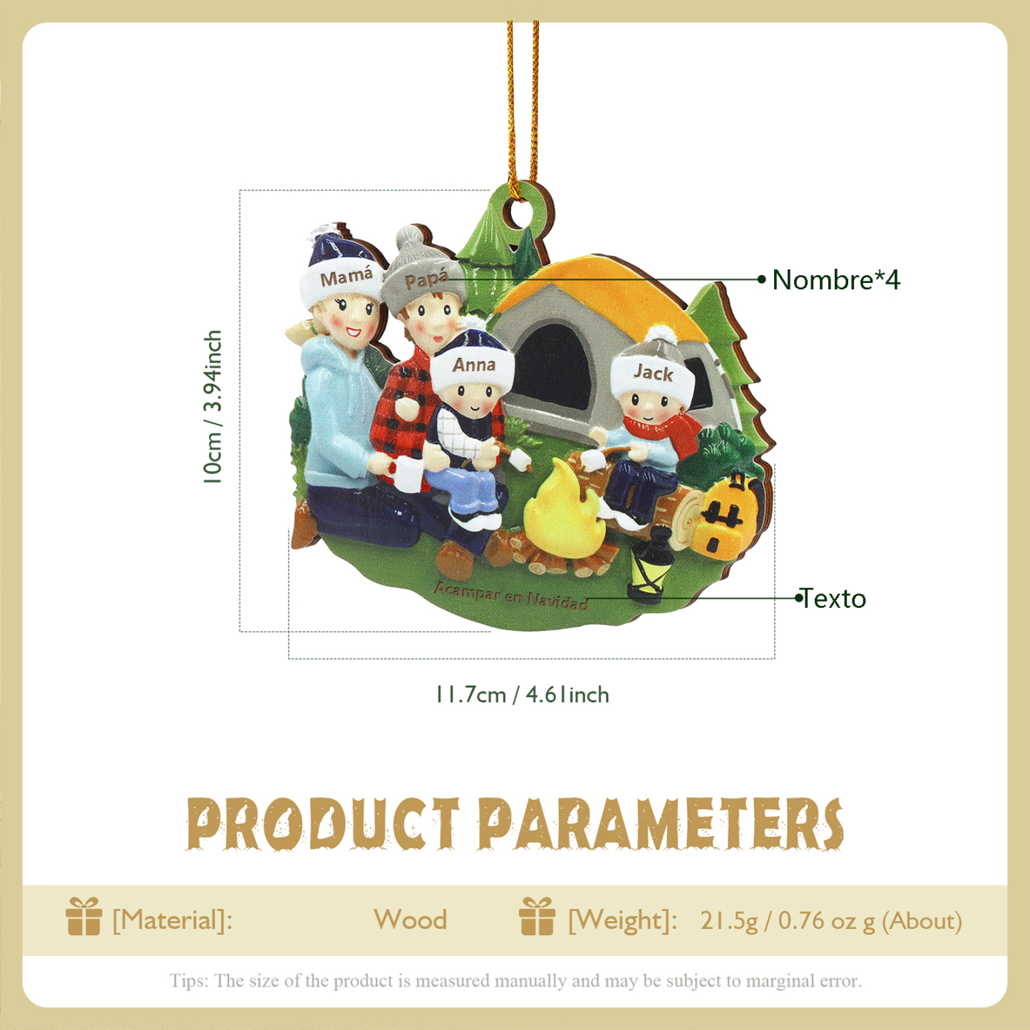 Navidad-Ornamento con muñecos de madera familia camping 4 nombres y texto personalizados | Jessemade