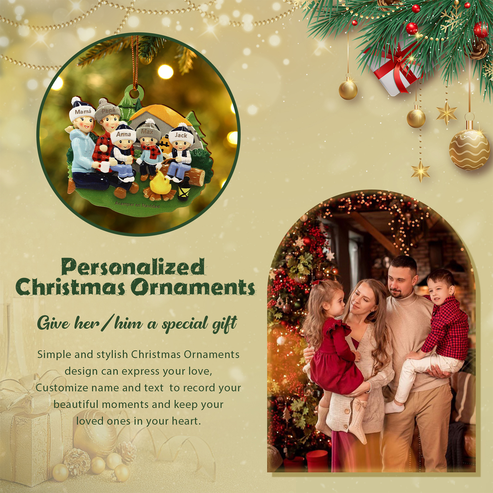 Navidad-Ornamento con muñecos de madera familia camping 5 nombres y texto personalizados | Jessemade