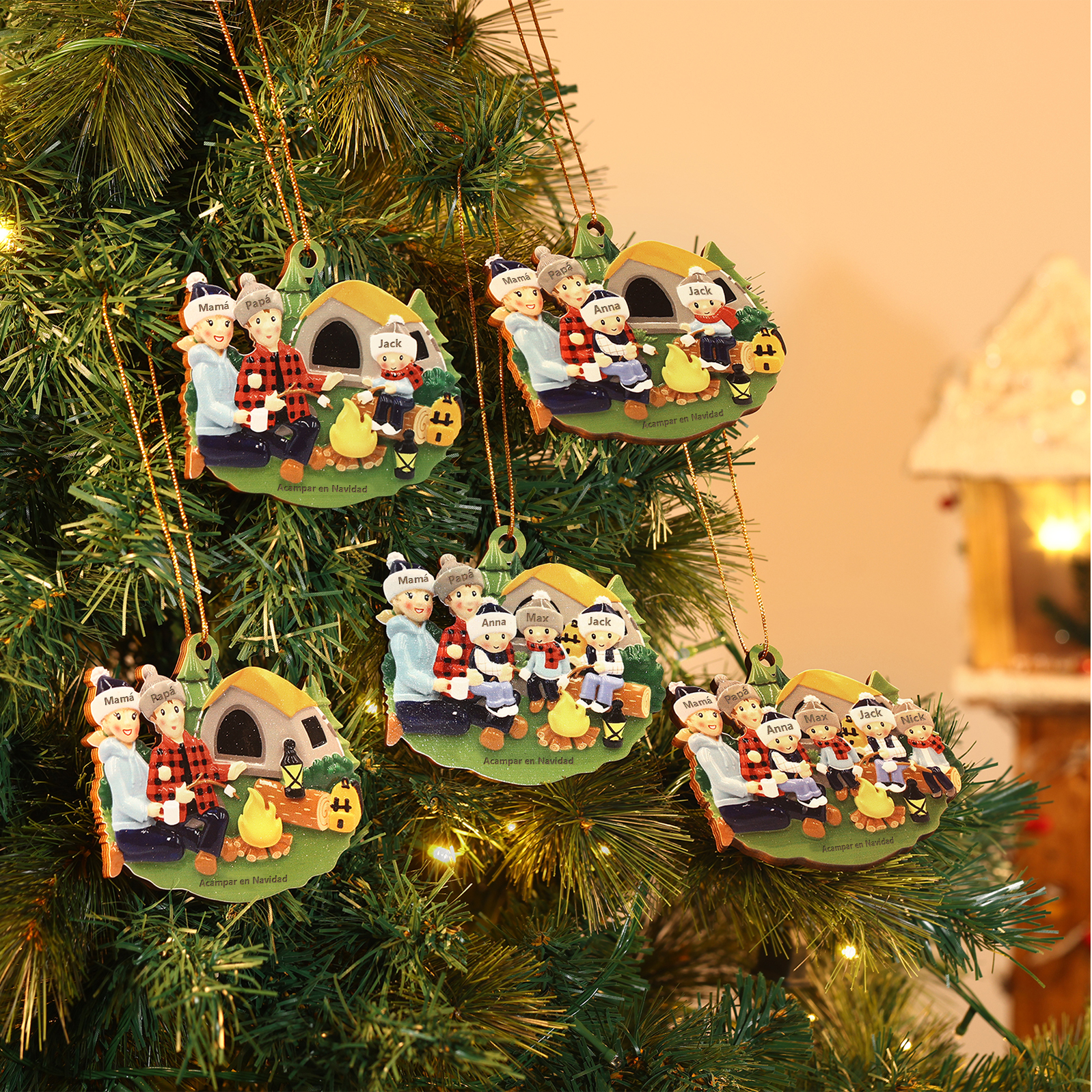 Navidad-Ornamento con muñecos de madera familia camping 5 nombres y texto personalizados | Jessemade