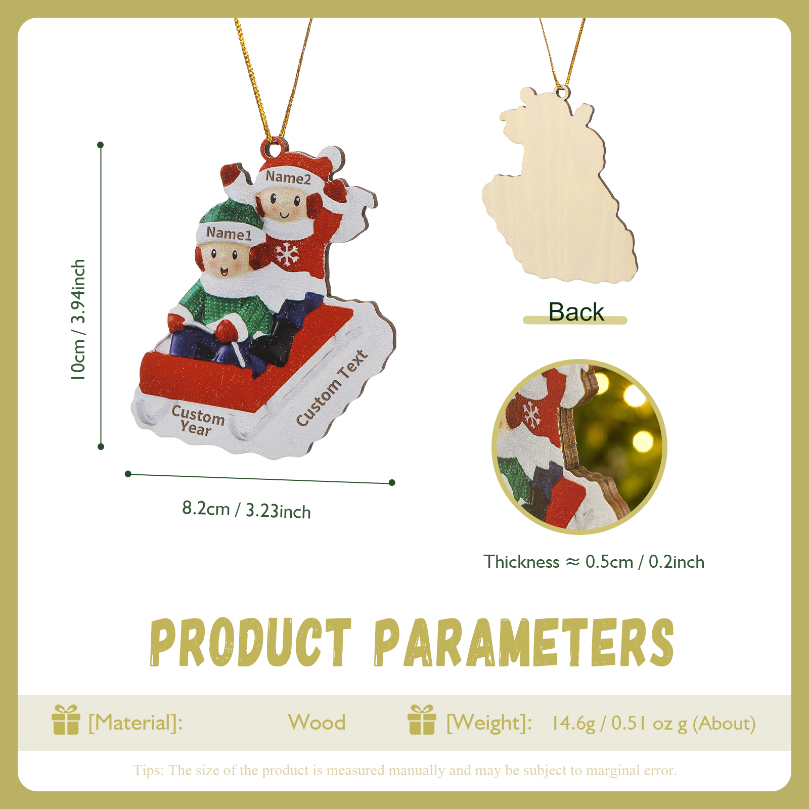 Navidad-Ornamento con muñecos de madera esquiando 2 nombres, año y texto personalizados | Jessemade