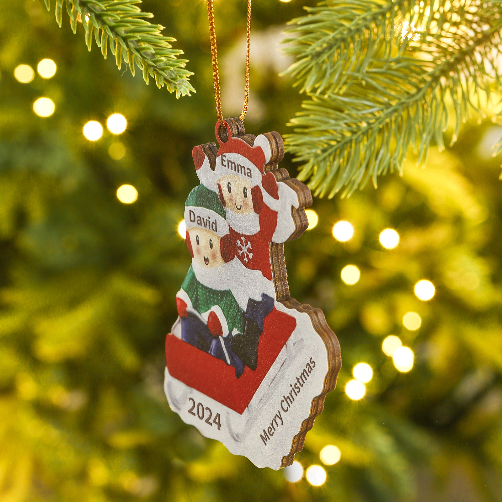 Navidad-Ornamento con muñecos de madera esquiando 2 nombres, año y texto personalizados | Jessemade