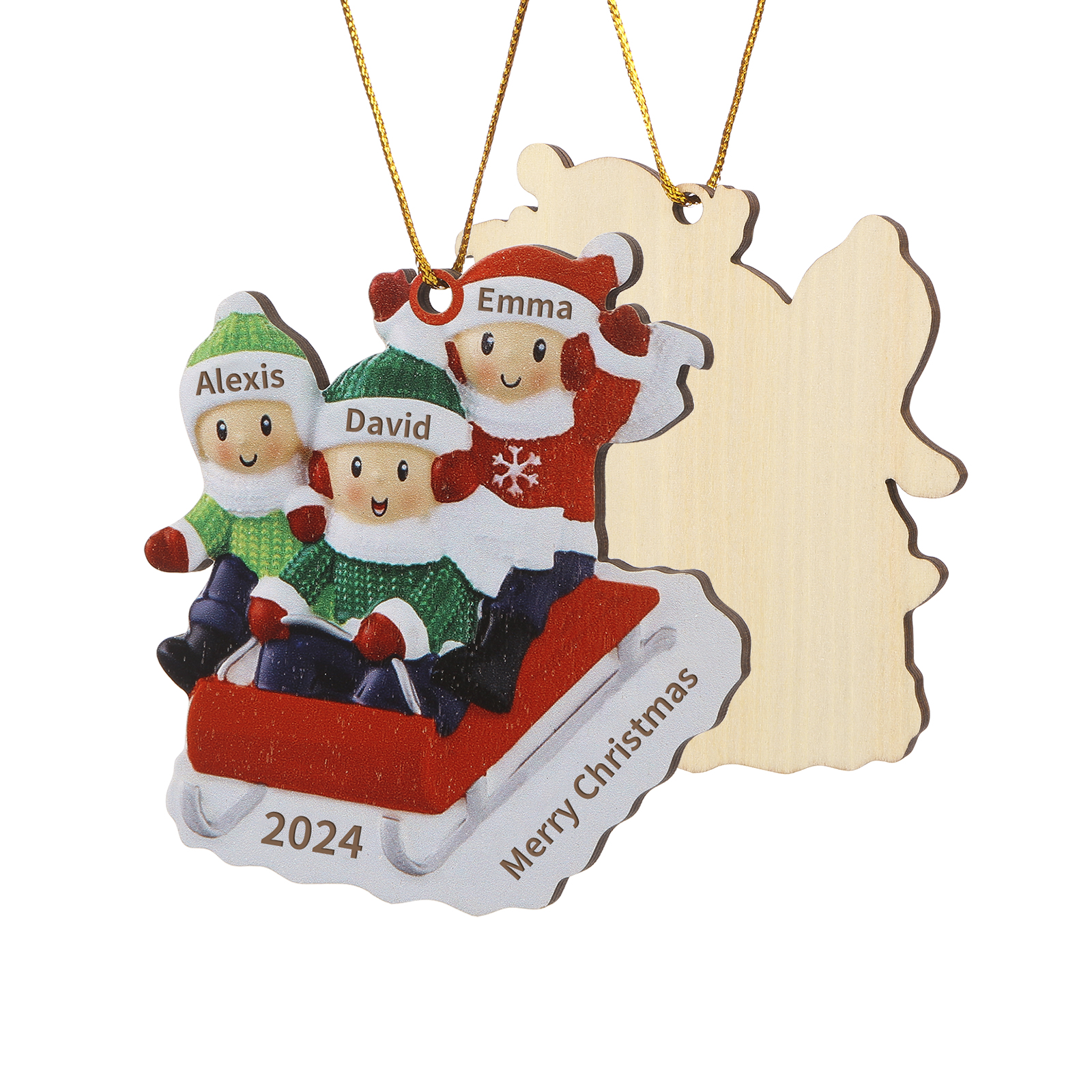 Navidad-Ornamento con muñecos de madera esquiando 3 nombres, año y texto personalizados | Jessemade