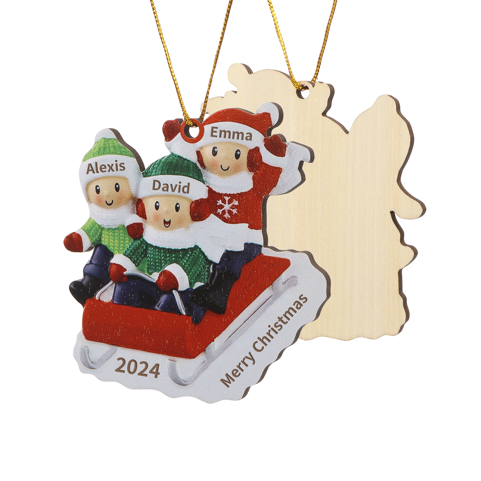 Navidad-Ornamento con muñecos de madera esquiando 3 nombres, año y texto personalizados | Jessemade