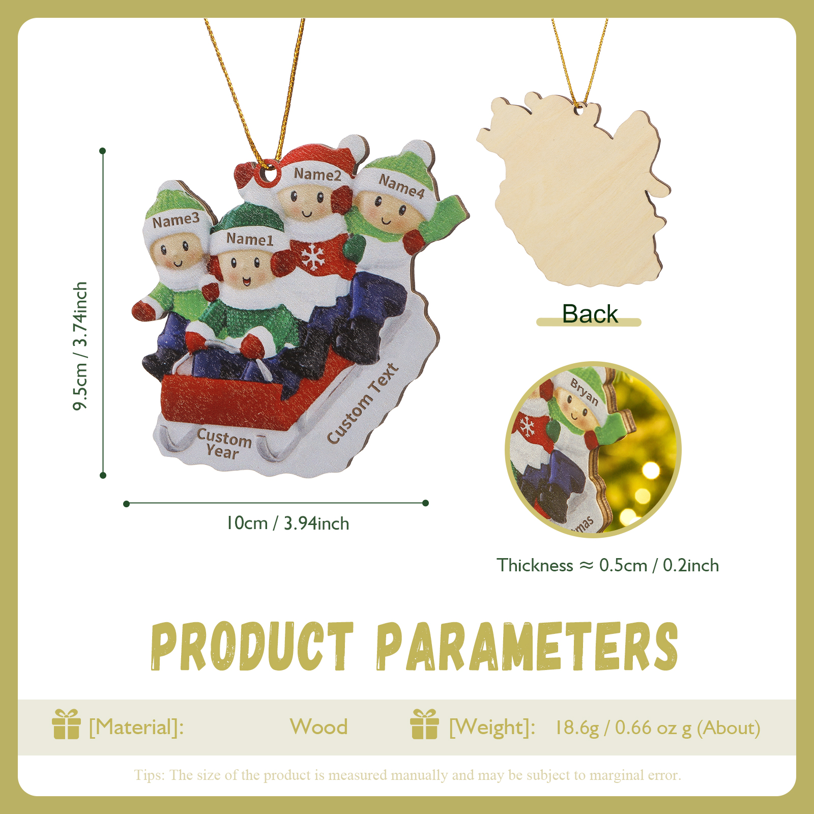 Navidad-Ornamento con muñecos de madera esquiando 4 nombres, año y texto personalizados | Jessemade