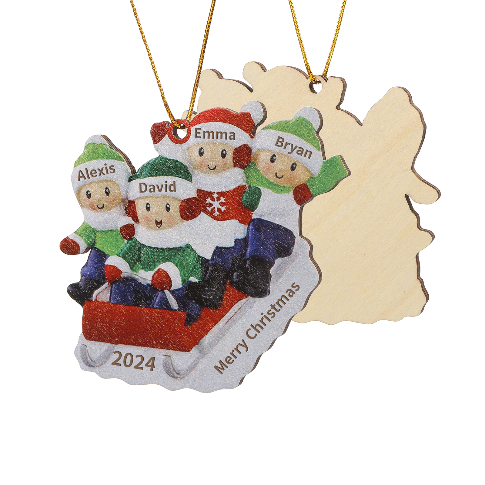 Navidad-Ornamento con muñecos de madera esquiando 4 nombres, año y texto personalizados | Jessemade