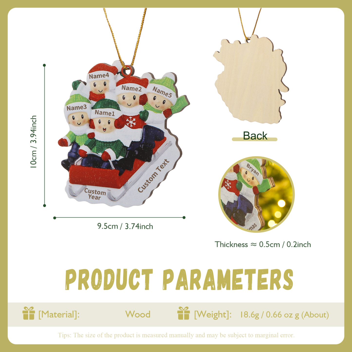 Navidad-Ornamento con muñecos de madera esquiando 5 nombres, año y texto personalizados | Jessemade