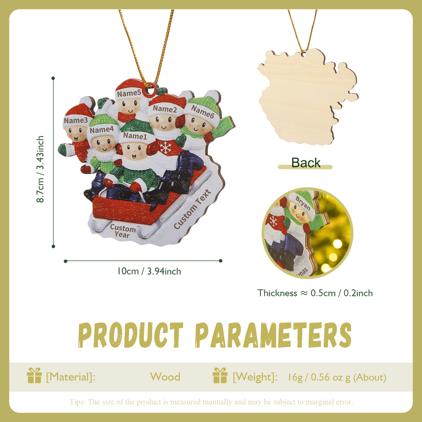 Navidad-Ornamento con muñecos de madera esquiando 6 nombres, año y texto personalizados | Jessemade