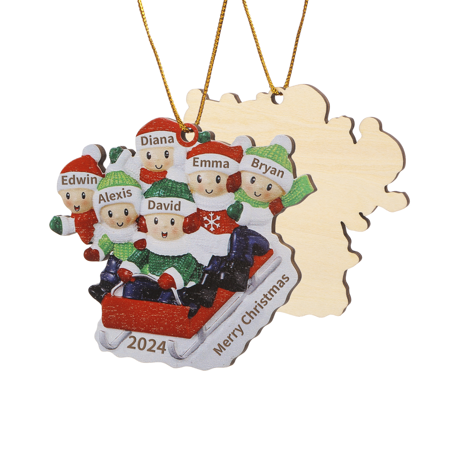 Navidad-Ornamento con muñecos de madera esquiando 6 nombres, año y texto personalizados | Jessemade