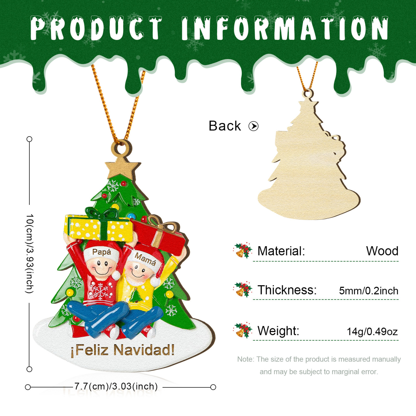 Navidad-Ornamento con muñecos de madera con regalos 2 nombres y texto personalizados | Jessemade