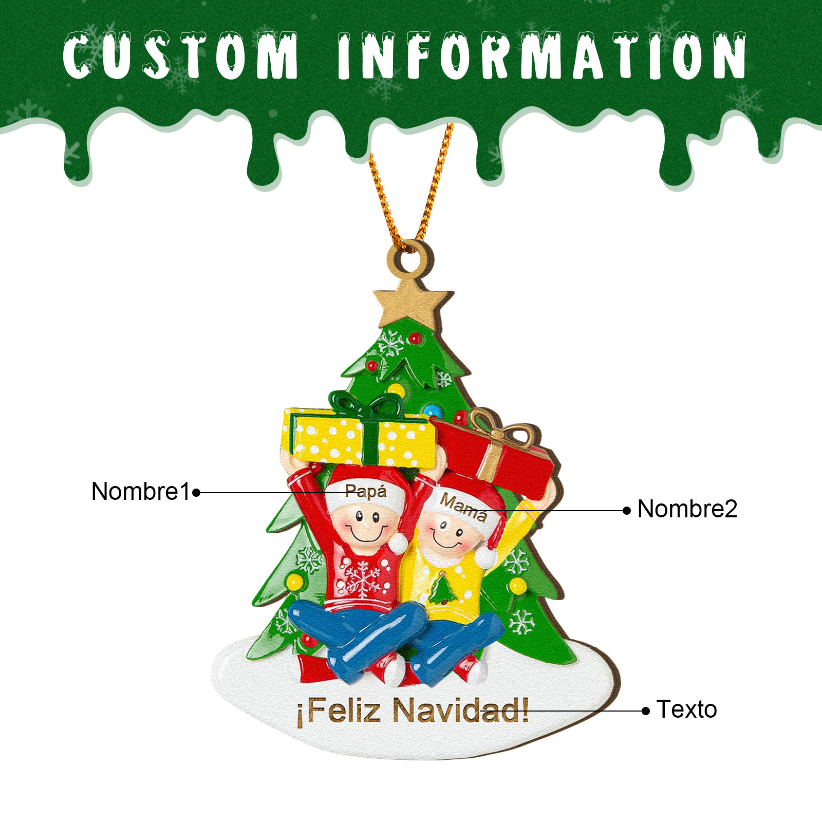 Navidad-Ornamento con muñecos de madera con regalos 2 nombres y texto personalizados | Jessemade
