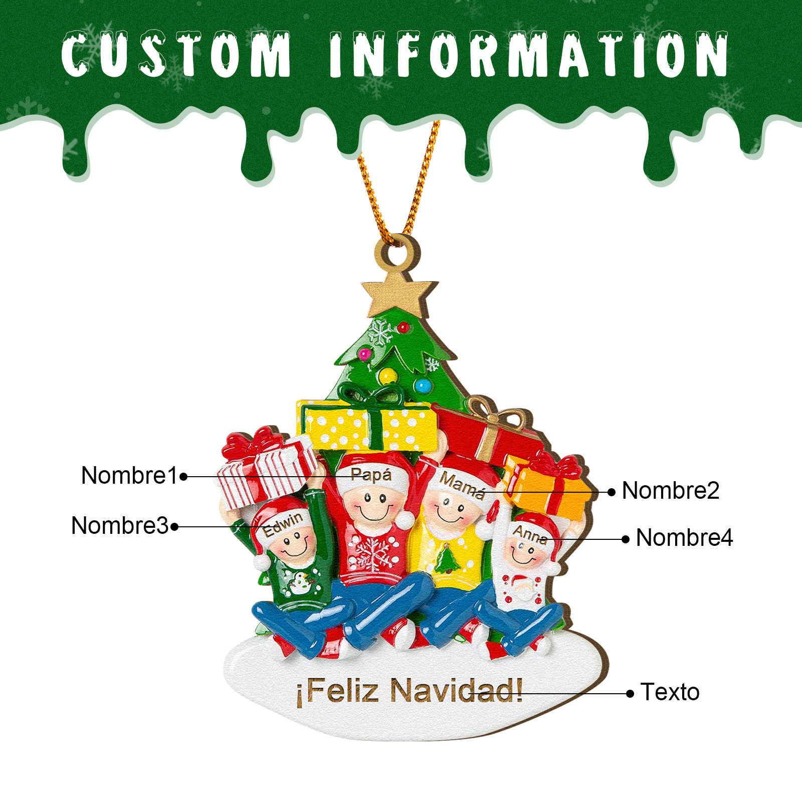 Navidad-Ornamento con muñecos de madera con regalos 4 nombres y texto personalizados | Jessemade