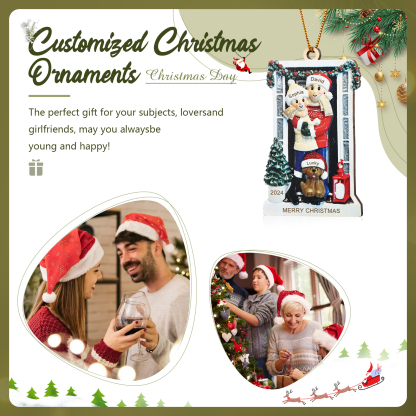 Navidad-Ornamento con Muñecos de Madera Familia con Perro 3 Nombres, Año y Texto Personalizados | Jessemade