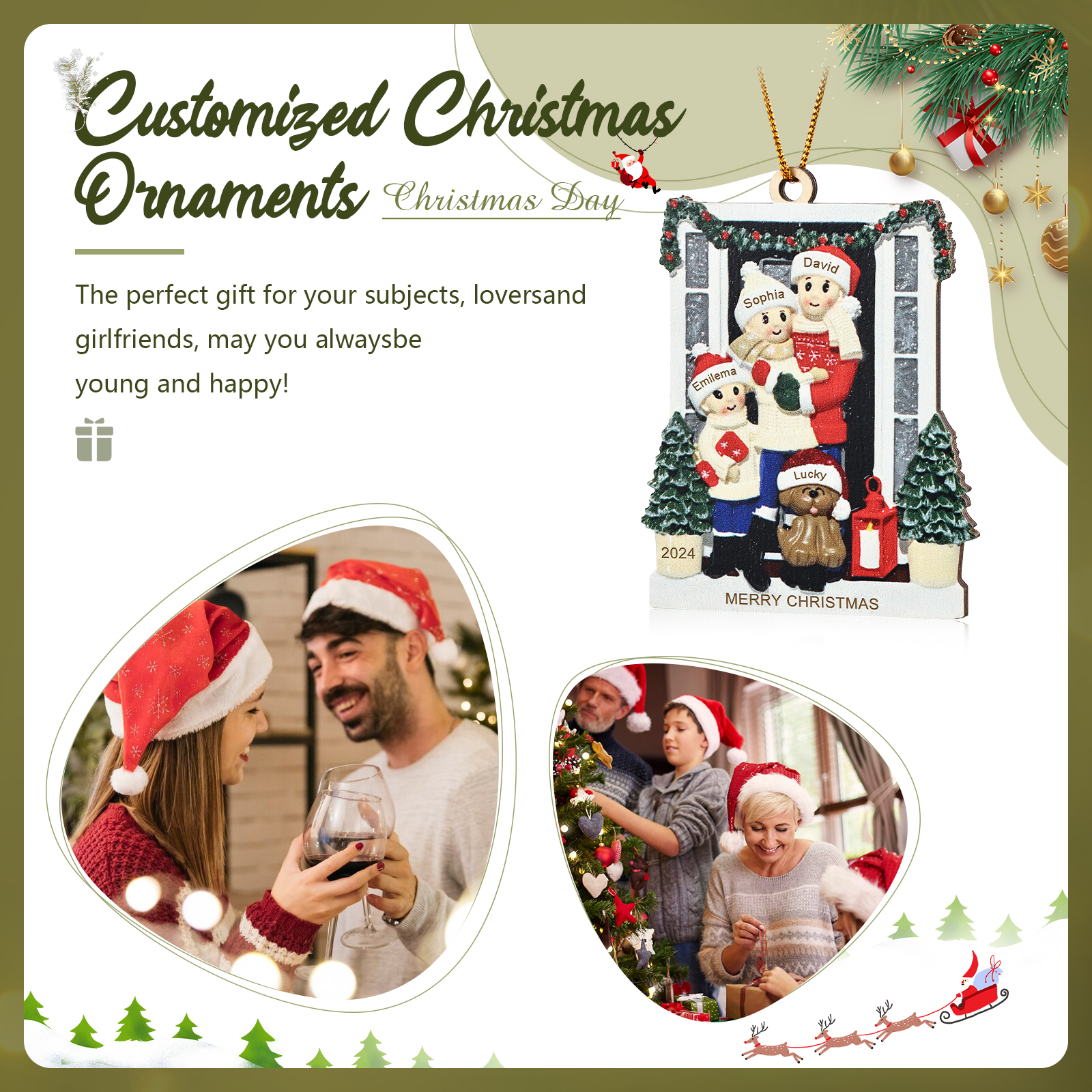 Navidad-Ornamento con Muñecos de Madera Familia con Perro 4 Nombres, Año y Texto Personalizados | Jessemade