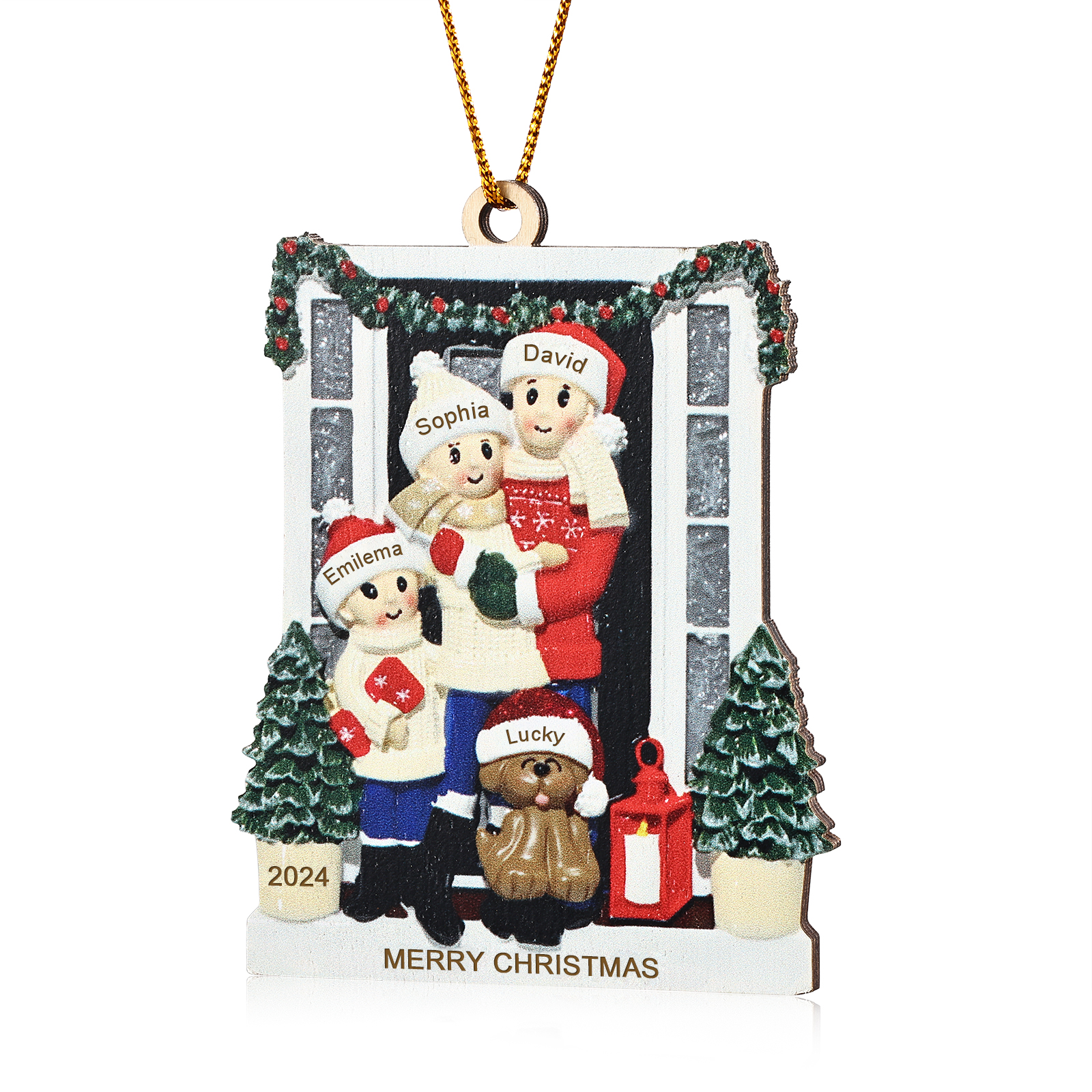 Navidad-Ornamento con Muñecos de Madera Familia con Perro 4 Nombres, Año y Texto Personalizados | Jessemade