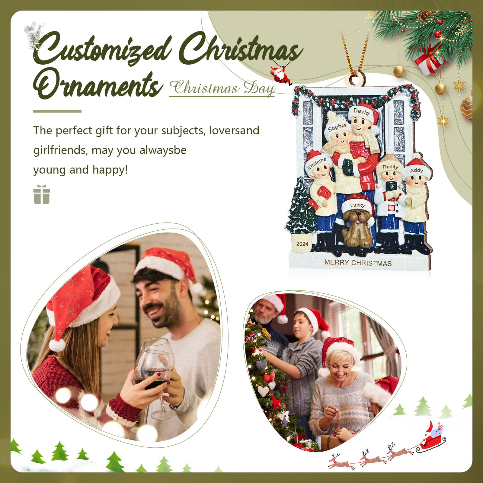 Navidad-Ornamento con Muñecos de Madera Familia con Perro 6 Nombres, Año y Texto Personalizados | Jessemade