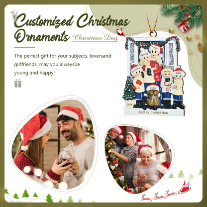 Navidad-Ornamento con Muñecos de Madera Familia con Perro 6 Nombres, Año y Texto Personalizados | Jessemade