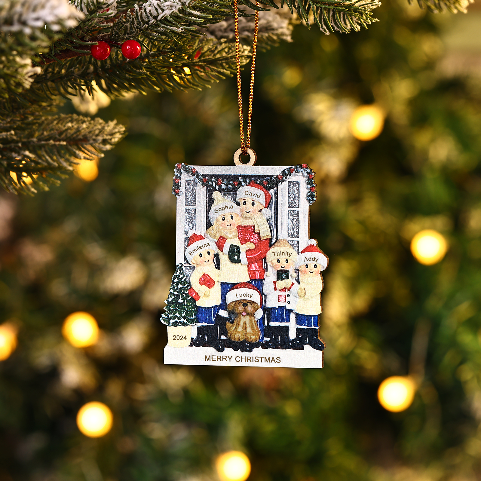 Navidad-Ornamento con Muñecos de Madera Familia con Perro 6 Nombres, Año y Texto Personalizados | Jessemade