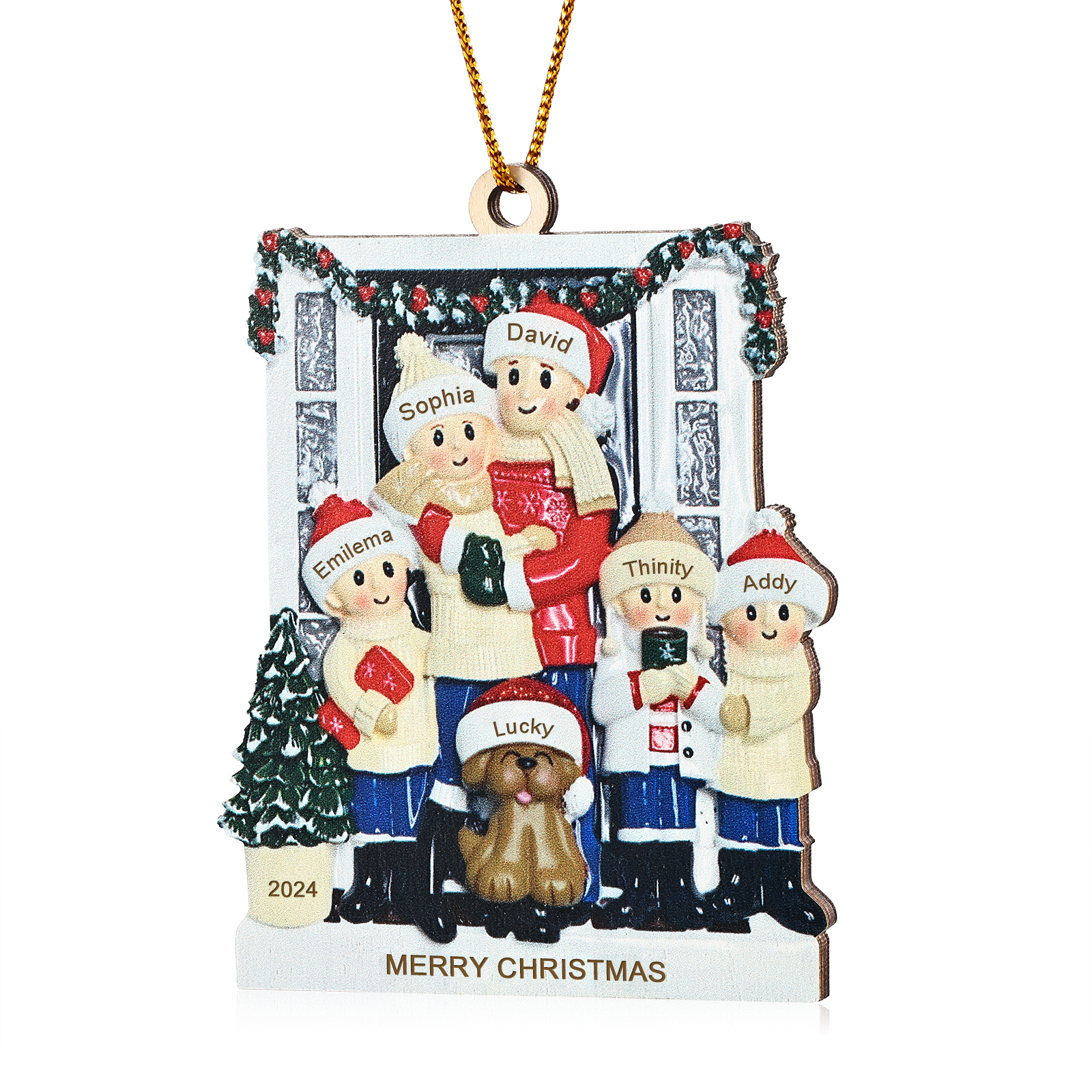 Navidad-Ornamento con Muñecos de Madera Familia con Perro 6 Nombres, Año y Texto Personalizados | Jessemade