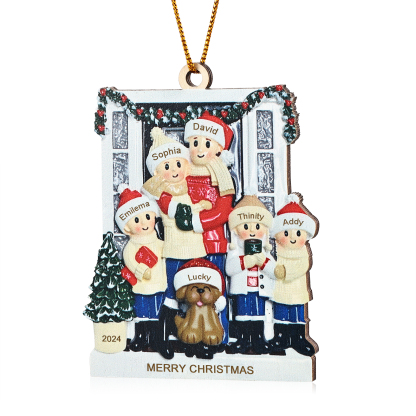 Navidad-Ornamento con Muñecos de Madera Familia con Perro 6 Nombres, Año y Texto Personalizados | Jessemade