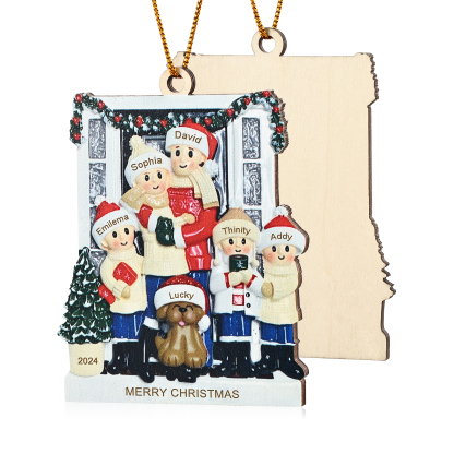 Navidad-Ornamento con Muñecos de Madera Familia con Perro 6 Nombres, Año y Texto Personalizados | Jessemade