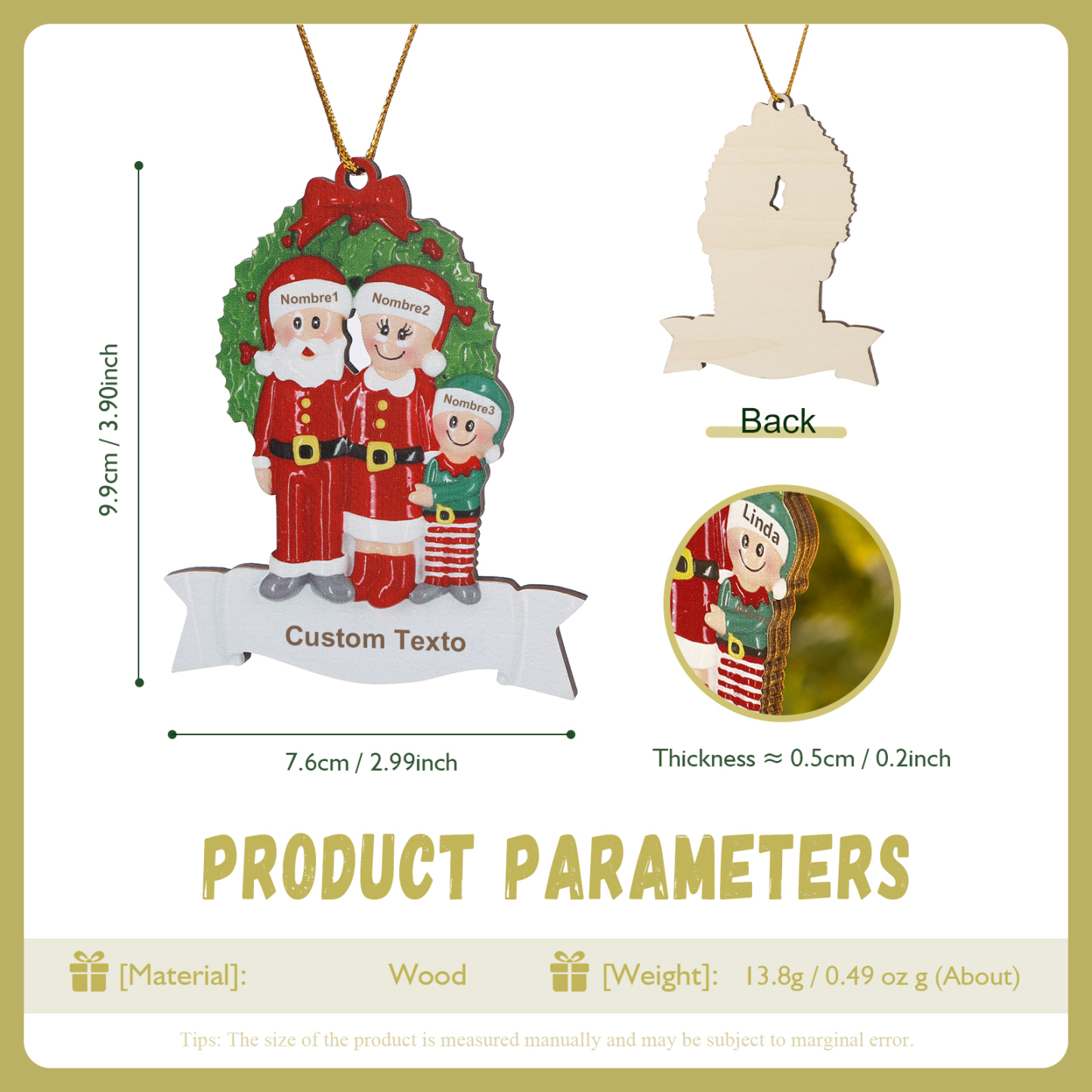Navidad-Ornamento con muñecos de madera de Papá y Mamá Noel 3 nombres y texto personalizados | Jessemade