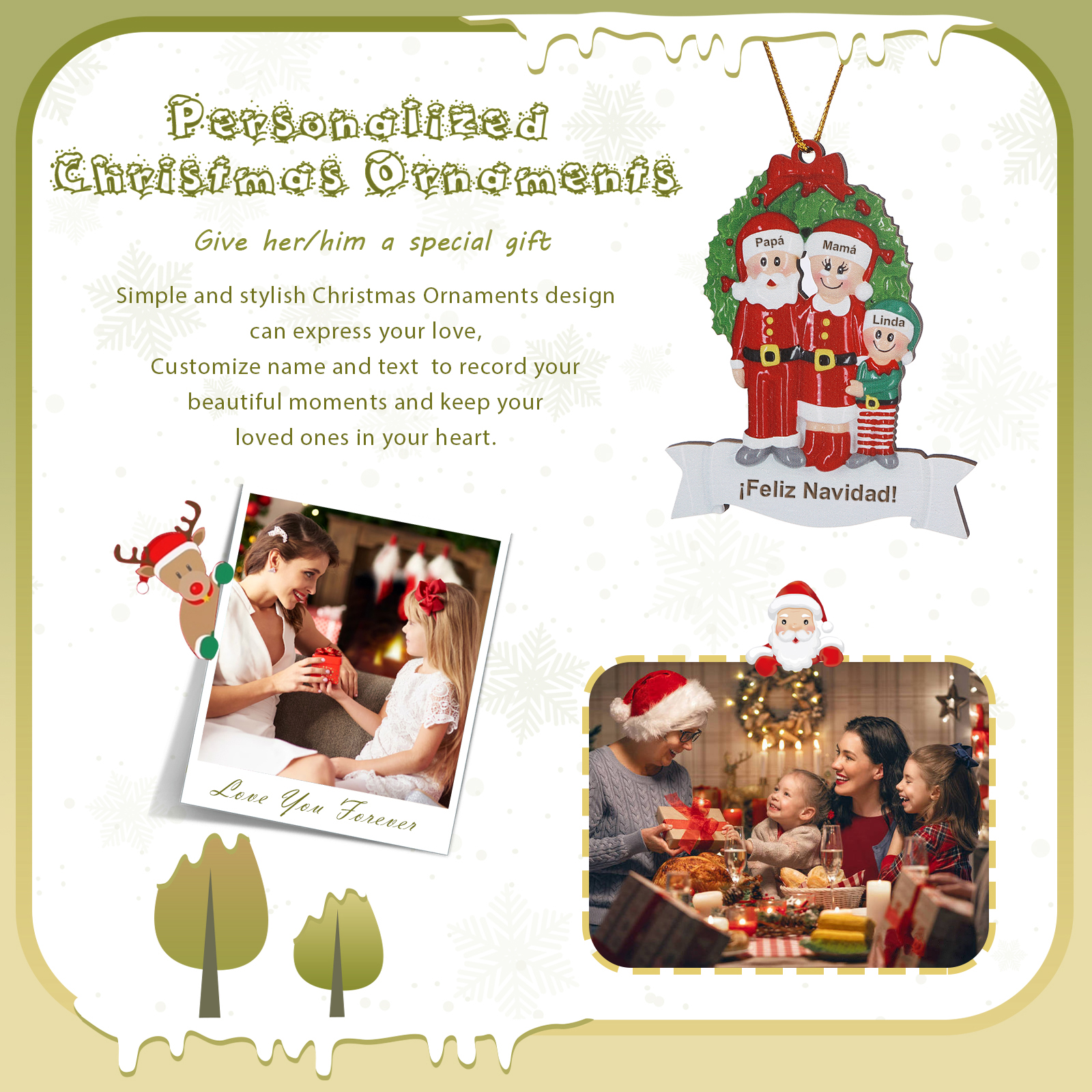 Navidad-Ornamento con muñecos de madera de Papá y Mamá Noel 3 nombres y texto personalizados | Jessemade