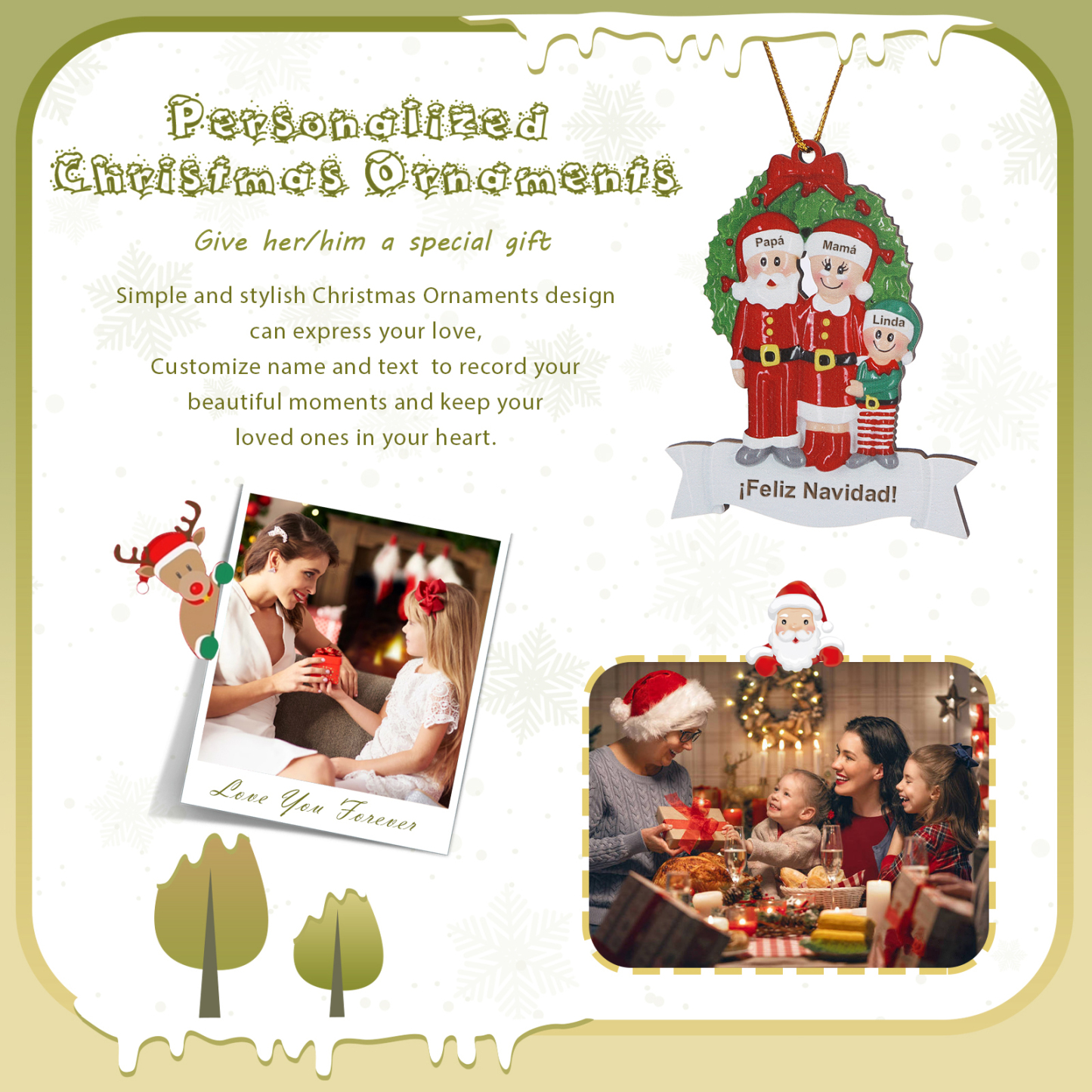 Navidad-Ornamento con muñecos de madera de Papá y Mamá Noel 3 nombres y texto personalizados | Jessemade