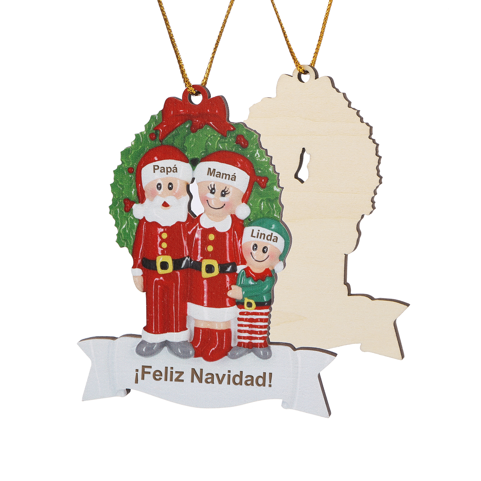 Navidad-Ornamento con muñecos de madera de Papá y Mamá Noel 3 nombres y texto personalizados | Jessemade