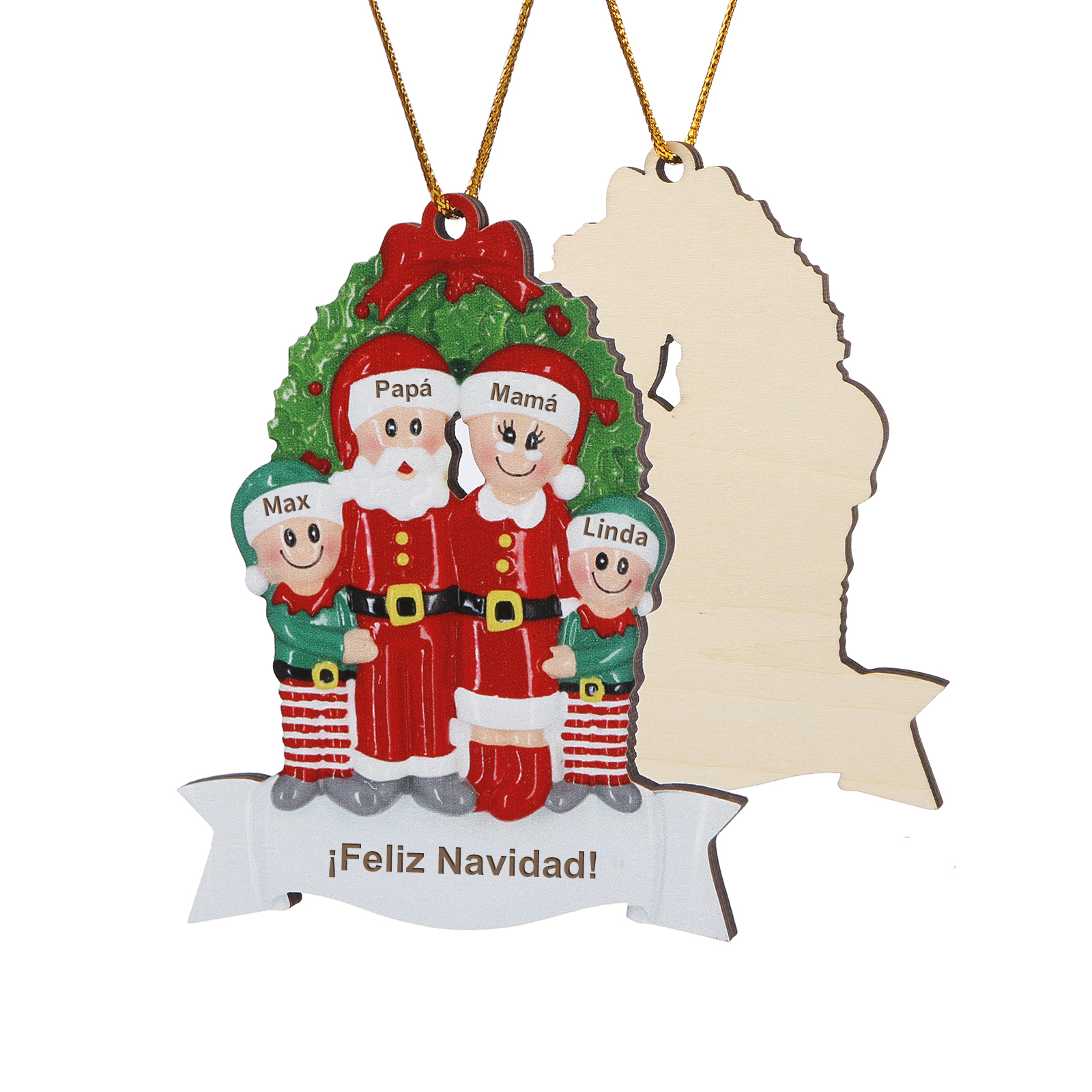 Navidad-Ornamento con muñecos de madera de Papá y Mamá Noel 4 nombres y texto personalizados | Jessemade