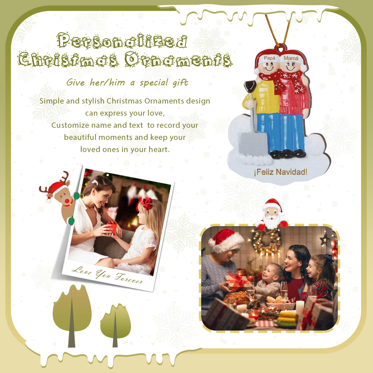 Navidad-Ornamento con muñecos de madera pala y nieve 2 nombres y texto personalizados | Jessemade