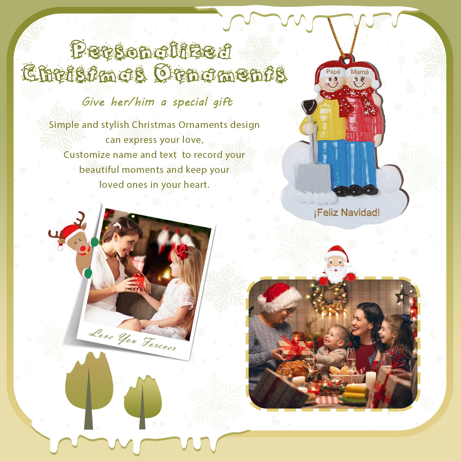 Navidad-Ornamento con muñecos de madera pala y nieve 2 nombres y texto personalizados | Jessemade