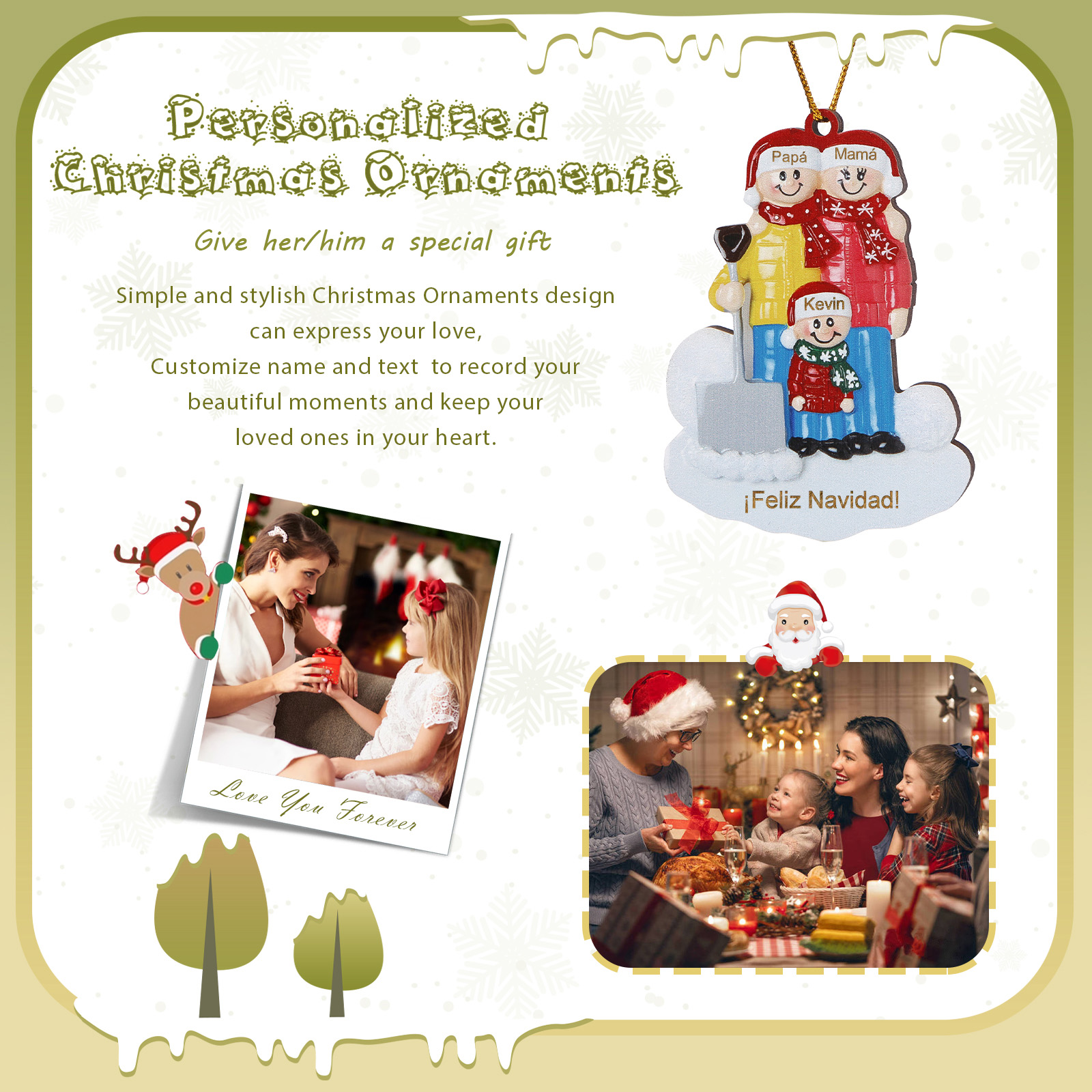 Navidad-Ornamento con muñecos de madera pala y nieve 3 nombres y texto personalizados | Jessemade