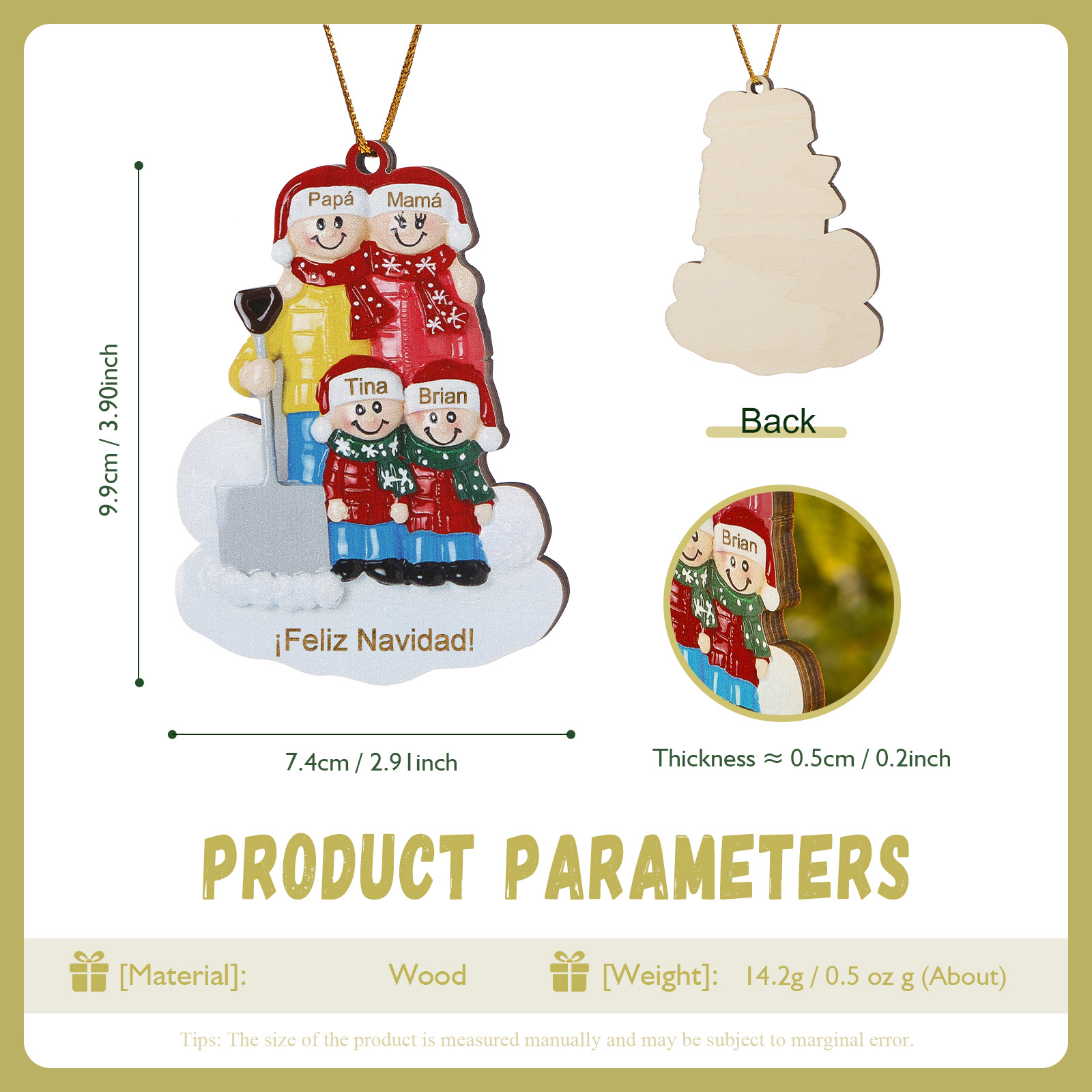 Navidad-Ornamento con muñecos de madera pala y nieve 4 nombres y texto personalizados | Jessemade