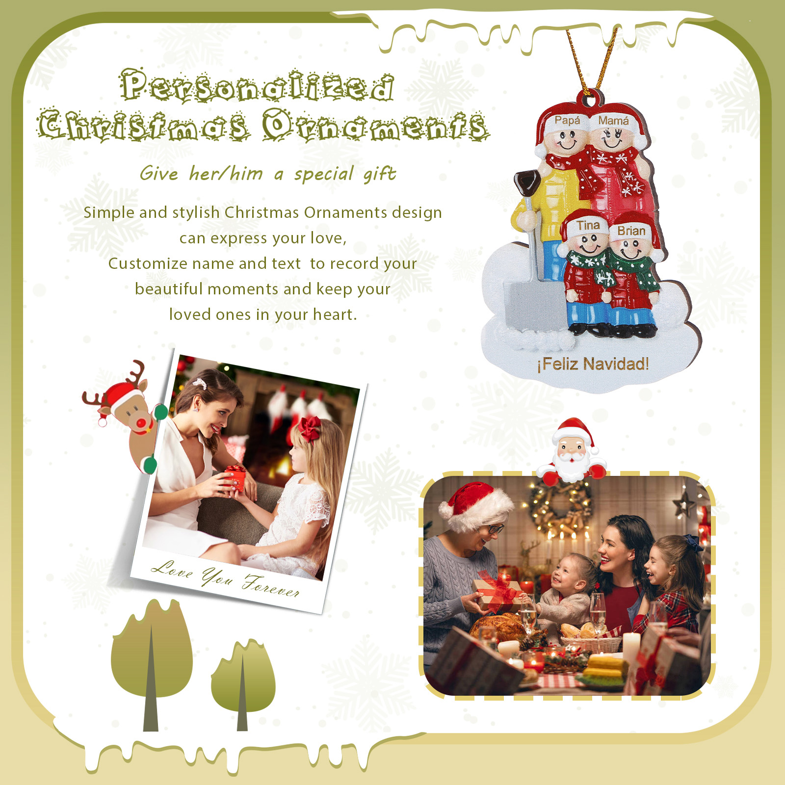 Navidad-Ornamento con muñecos de madera pala y nieve 4 nombres y texto personalizados | Jessemade