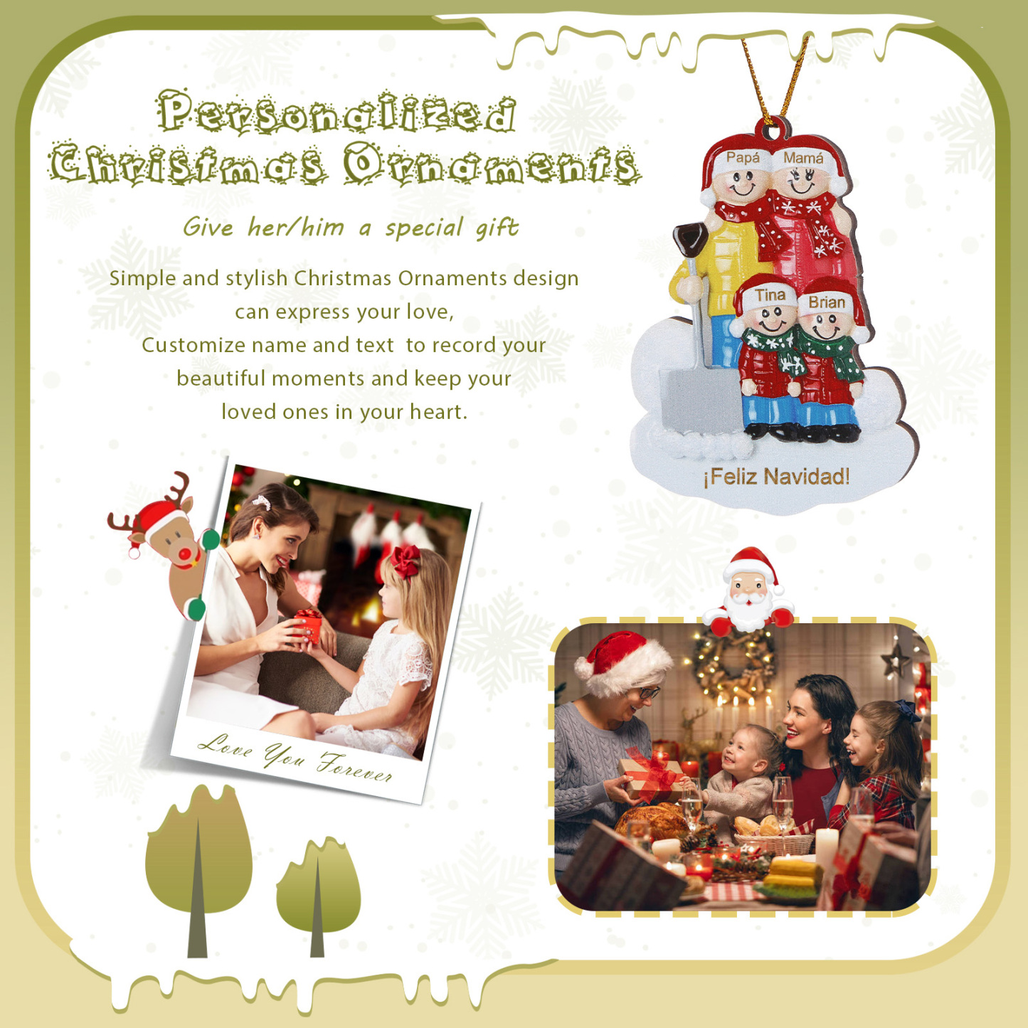 Navidad-Ornamento con muñecos de madera pala y nieve 4 nombres y texto personalizados | Jessemade