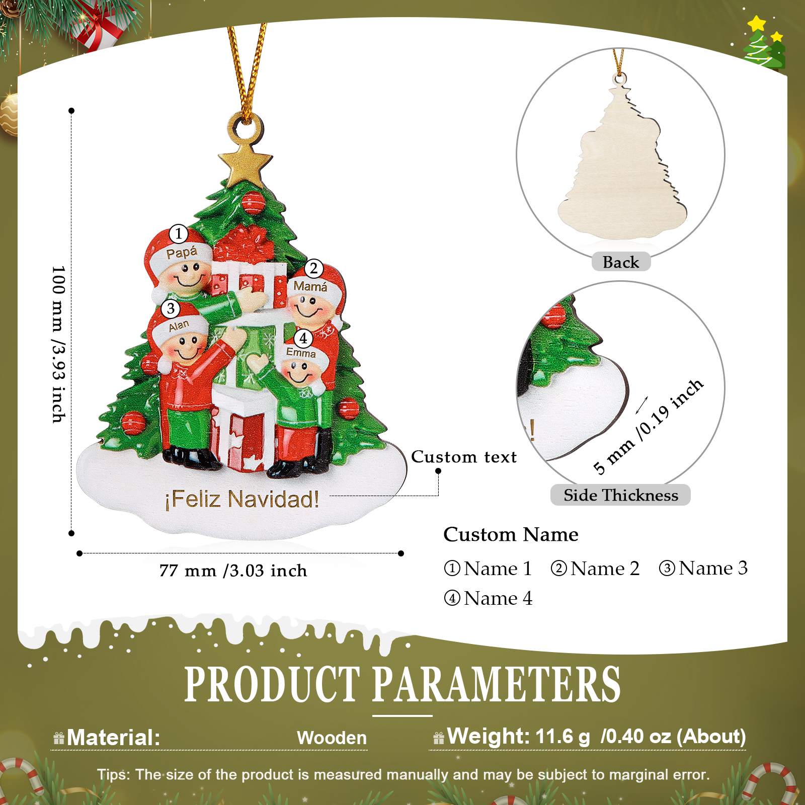 Navidad-Ornamento con muñecos de madera poniendo regalos 4 nombres y texto personalizados | Jessemade