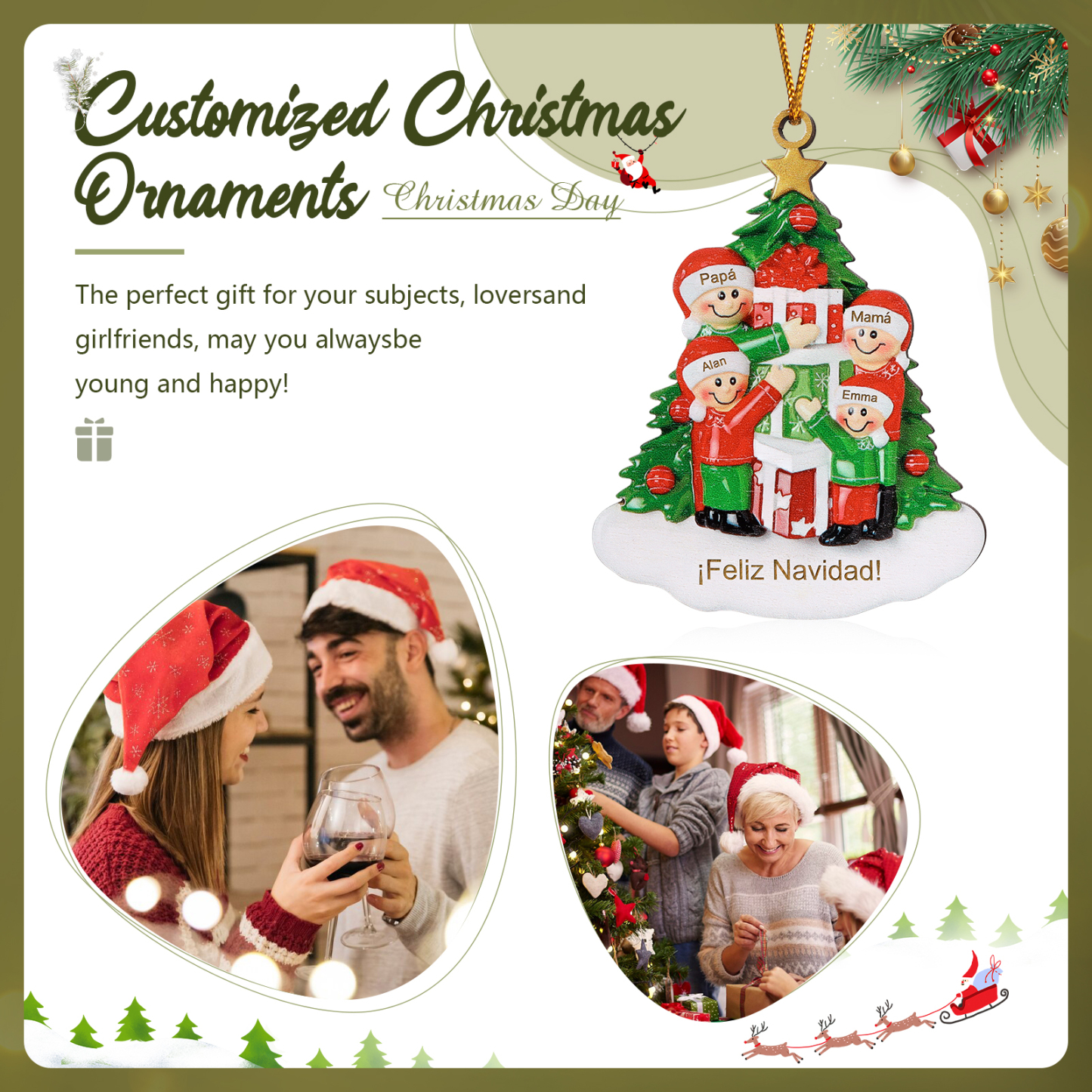Navidad-Ornamento con muñecos de madera poniendo regalos 4 nombres y texto personalizados | Jessemade
